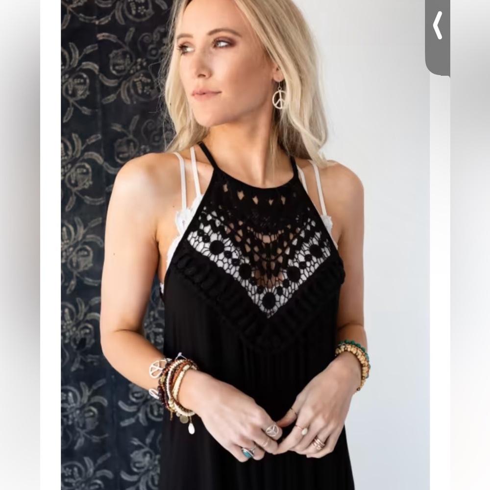 Three Bird Nest sz L crochet top black maxi dress EUC